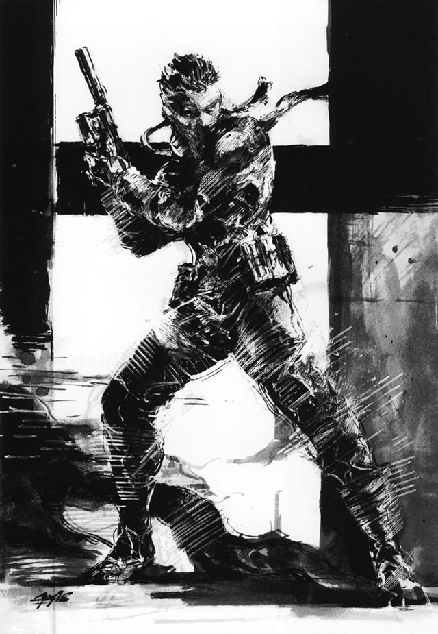 One technique sometimes used to get a rough look in Shinkawa's sketches is to paint on top of regular copying paper repeatedly with thin black ink and correcting ink until it becomes crispy. In the end, material from underneath shows up as if it were oil painted.